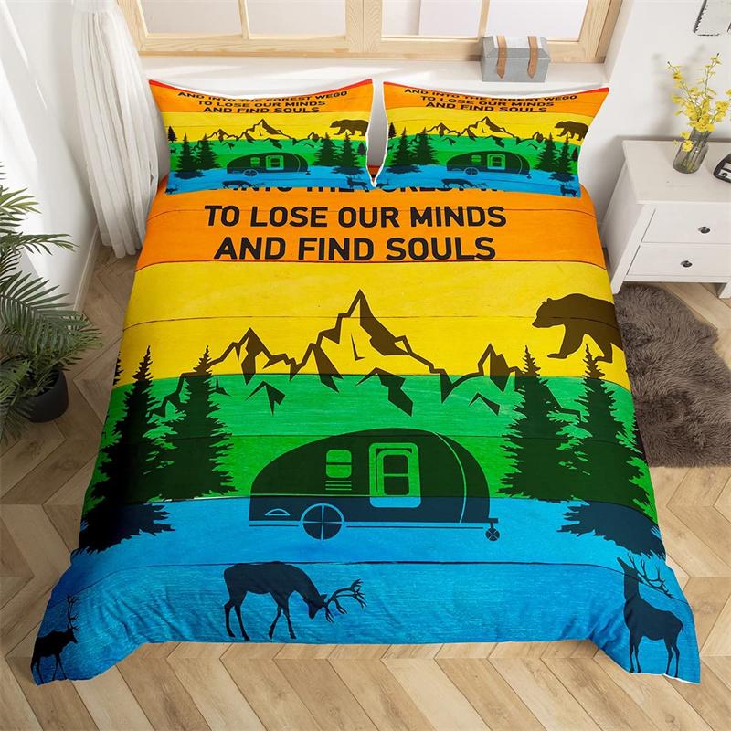 Camping Bettbezug Mikrofaser Galaxie Sterne Mond Happy Camping Bettdeckenbezug Camper Truck Geometrie Berg Bäume Bettwäscheset