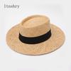 Sommer Panama Fedora Flache Krone Raffia Sonnenhut Frühling Damen Reisekappen Bänder Breiter Rand Strand Herren Traw Hut Atmungsaktiv