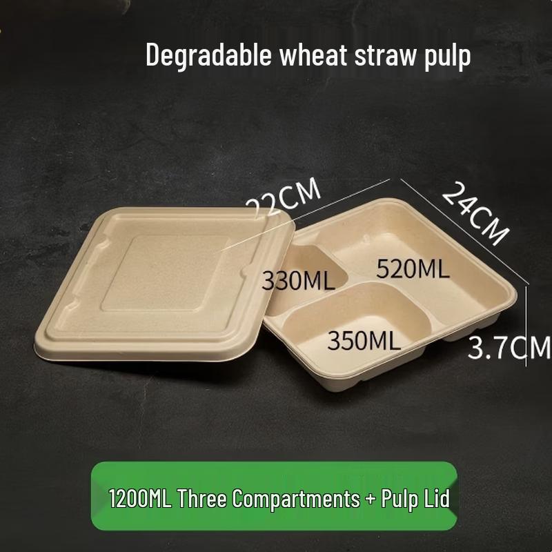 Mubaisen Disposable 1200ml 3-Compartment Takeout Containers with Pulp Lids