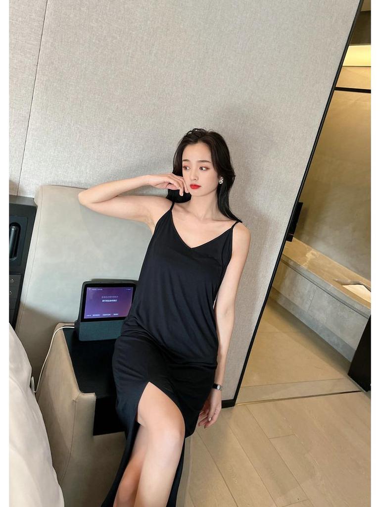 Women's Summer Modal Slim Fit Tank Dress with Double Shoulder Straps and Side Slit
