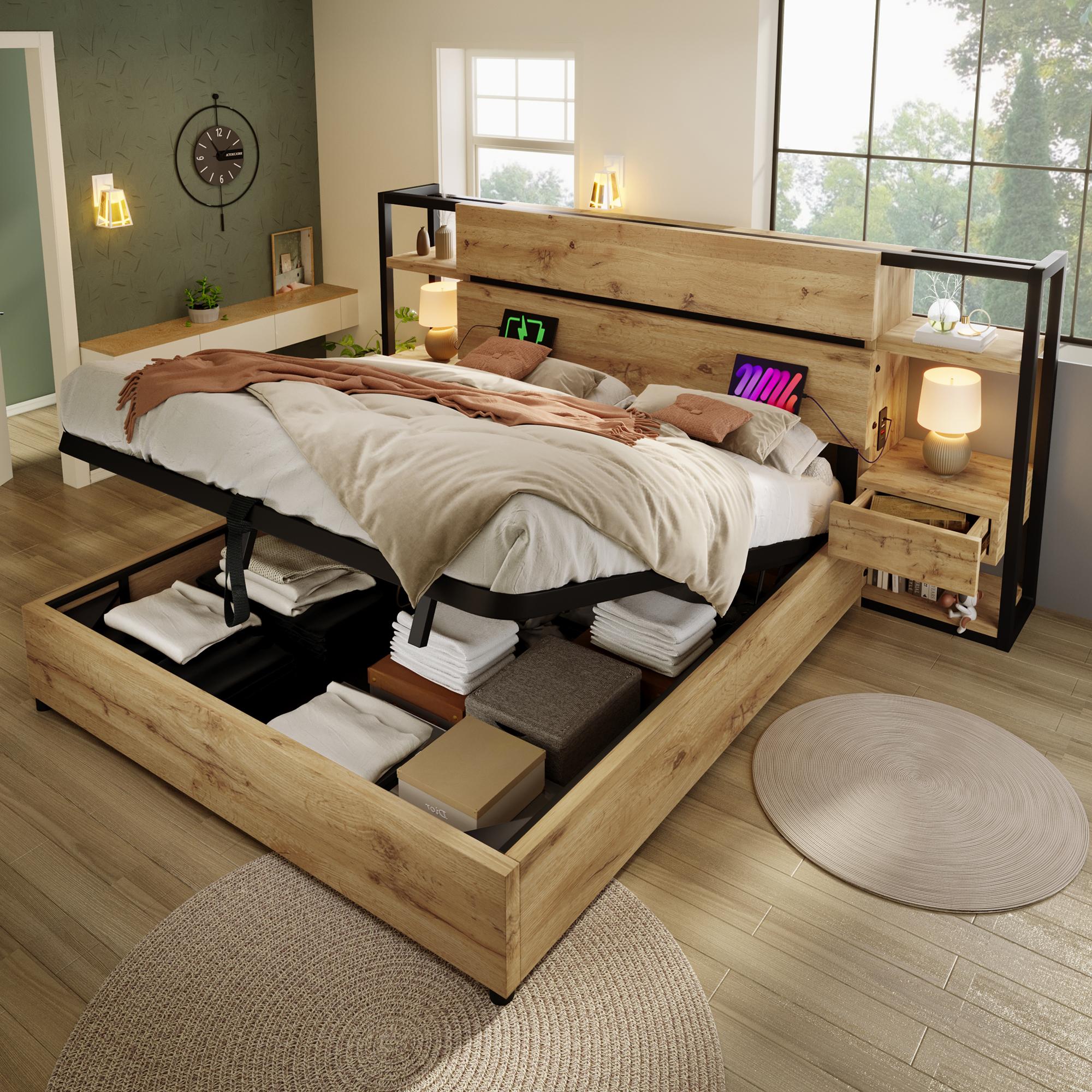 Wooden Double Bed 160×200cm, Hydraulic Storage