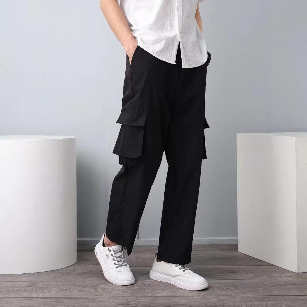 Overalls Men's Summer Korean Version of Trendy Loose Large-size Casual Men's Pants Solid Color Nine-point Straight-leg Pants