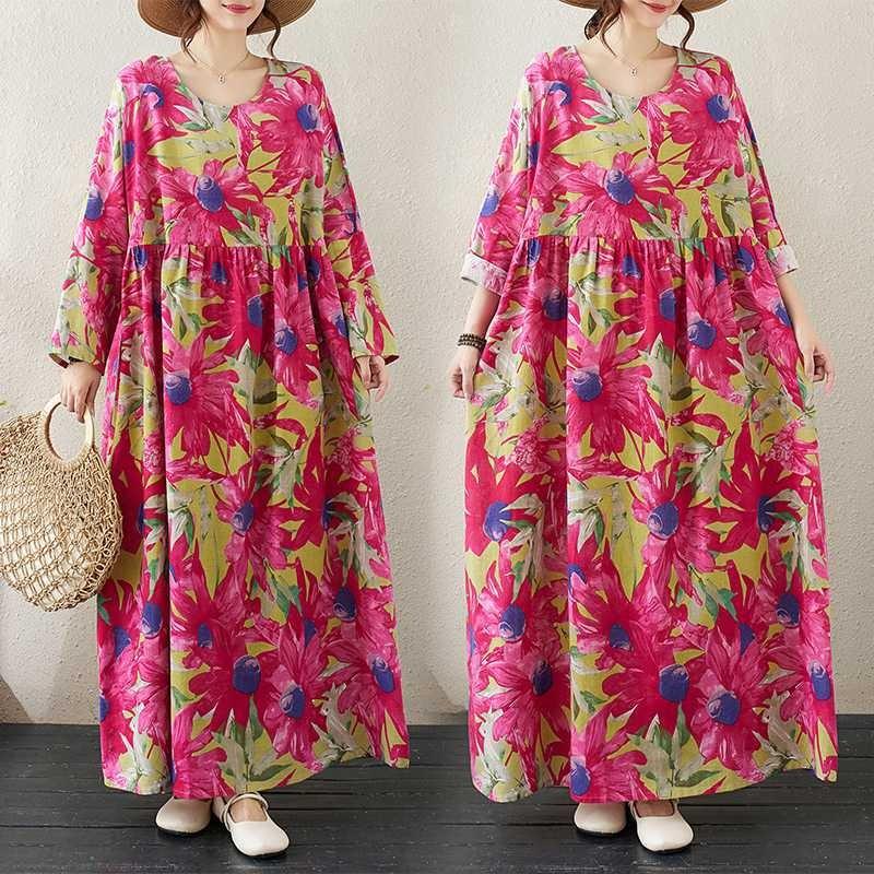 

Round Neck Loose Plus Size Literary Vacation Plus Long Sleeve Skirt One Size