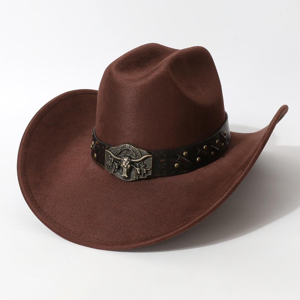 Unisex Western Cowboy Hat with a Unique Flat Top, Rolled Edges, Wide Brim, Felt Material, Paired with a Cowhide Belt, Suitable for Horseback Riding