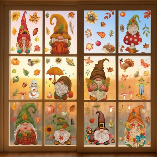 Autumn Theme Window Murals 9Pcs Fall Gnome Static Clings, Thanksgiving Maple Leaf Turkey Pumpkin Removable PVC Glass Clings Stickers, Reusable