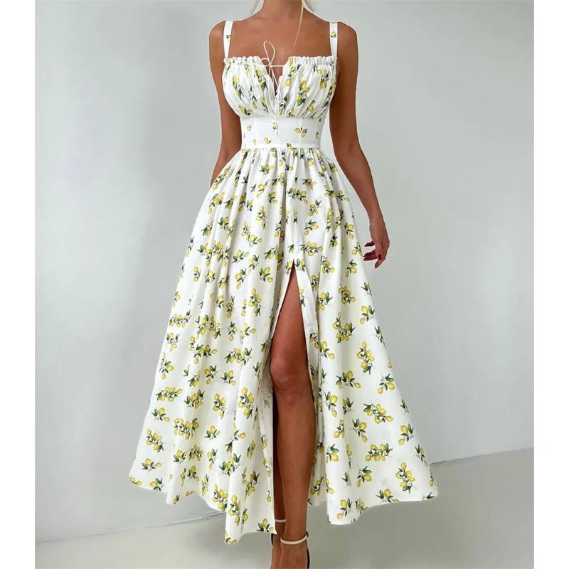 

Літня сукня з V-подібним вирізом з лимонним принтом Вечірня облягаюча сукня Елегантна довга сукня для жінок Облегаюча сукня без рукавів для жінок D555 S бежевий