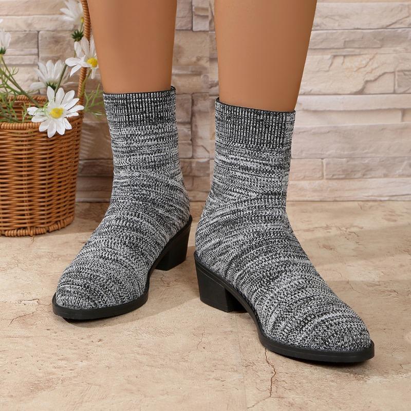 Sock Boots Autumn New Round Toe Knit Mesh Breathable Block Heel Anti-Slip Wear-Resistant Short-Thigh Boots