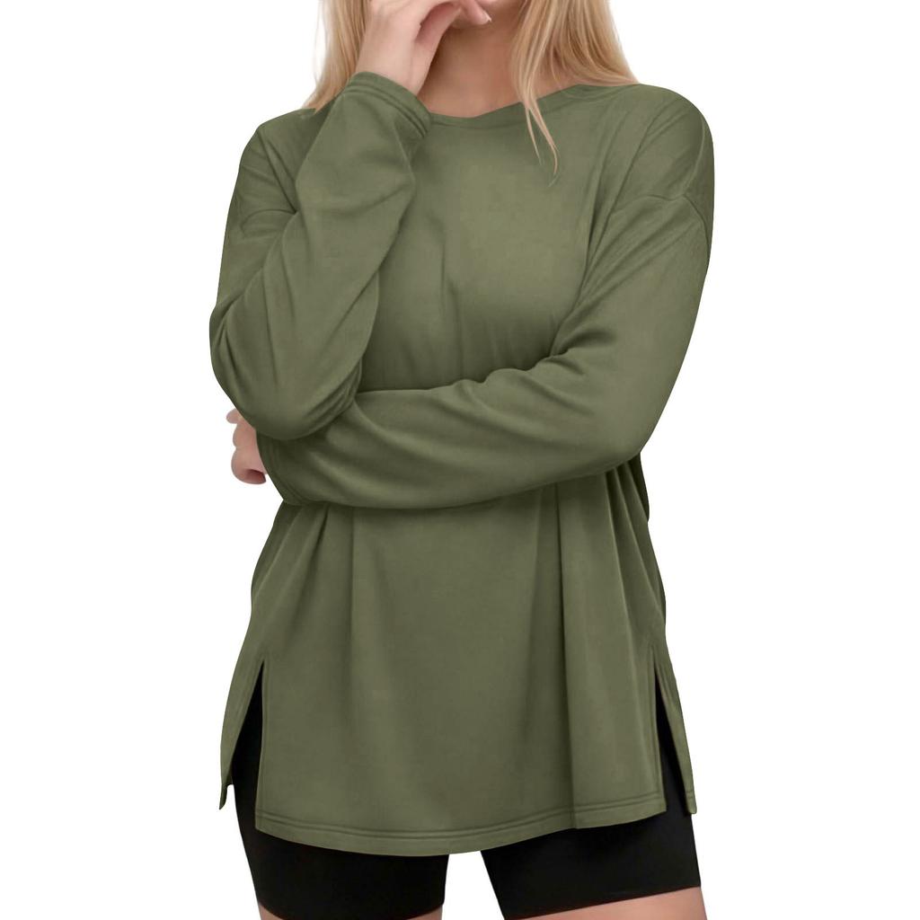 Women's Casual Long Sleeve Loose Fit T-Shirt with Crew Neck and Side Slit Hem Lightweight Pullover Top for Everyday Wear