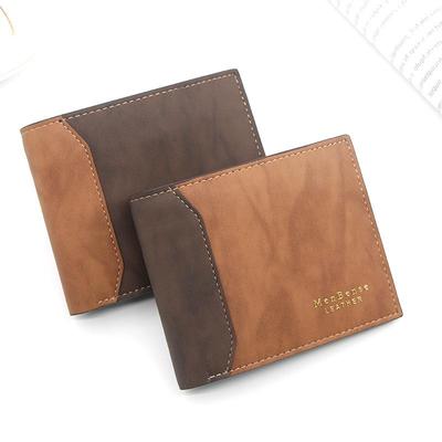 MenBense Men's Short Wallet: Gold Foil Embossed, Patchwork Frosted Leather, Bi-Fold Design