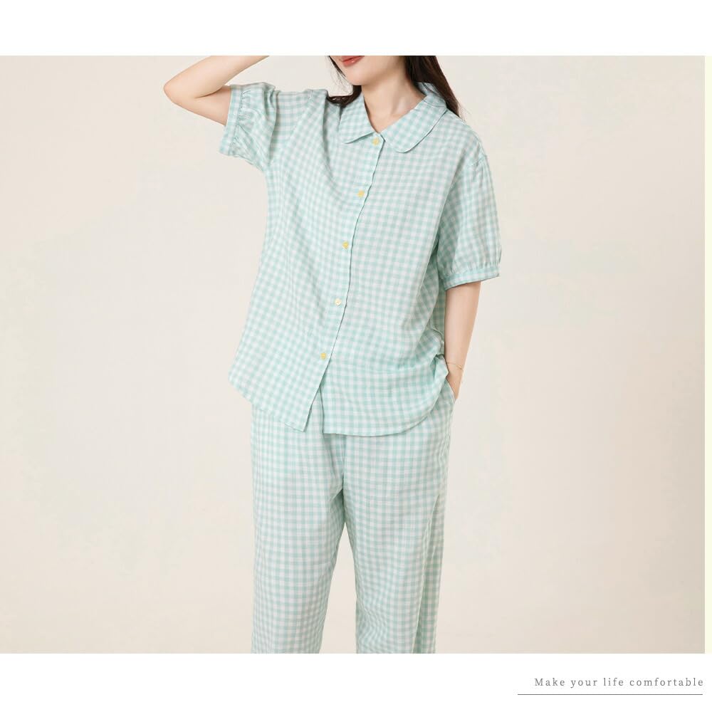 Yes Family Double Gauze Pajama Short Check Size Green Check Women's Set, 100% Cotton, Sleeves, Pattern, L,