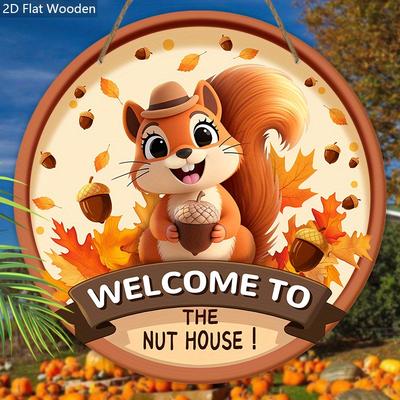 2D Flat Wooden Welcome Sign with Adorable Squirrel Pattern, Unique Fall Decorative Plaque, Ideal for Outdoor, Indoor, Home Decor