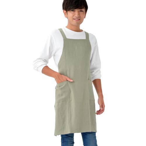 Fabrizm Japanese-made Knee-Length Kitchen Apron with Back Closure, Soft Linen, Grayish Green, 1554-gr