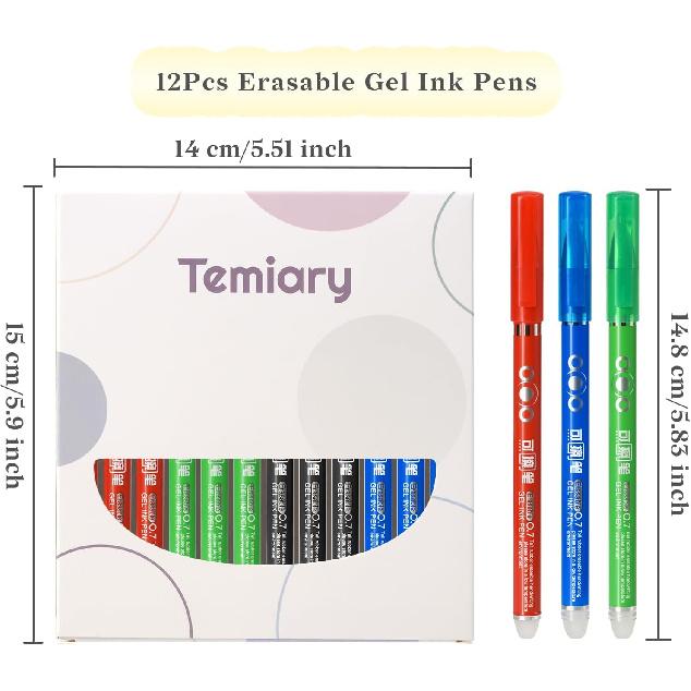 Temiary 12Pcs Erasable Gel Pens, Fine Point 0.7mm Gel Pen Make Mistakes Disappear, Assorted Color Inks for Completing Sudoku and Crossword Puzzles
