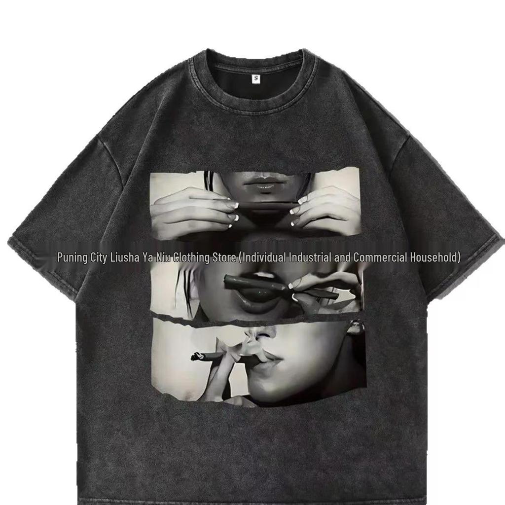 Women's Trendy Retro Washed Black Distressed Cotton Short-Sleeve T-Shirt