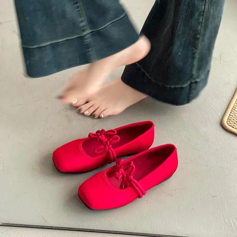 Fashion Ethnic Style Women Red Satin Mary Jane Shoes Fashion Shallow Square Toe Shoes Spring Autumn Soft Sole Ballet Shoes 2025