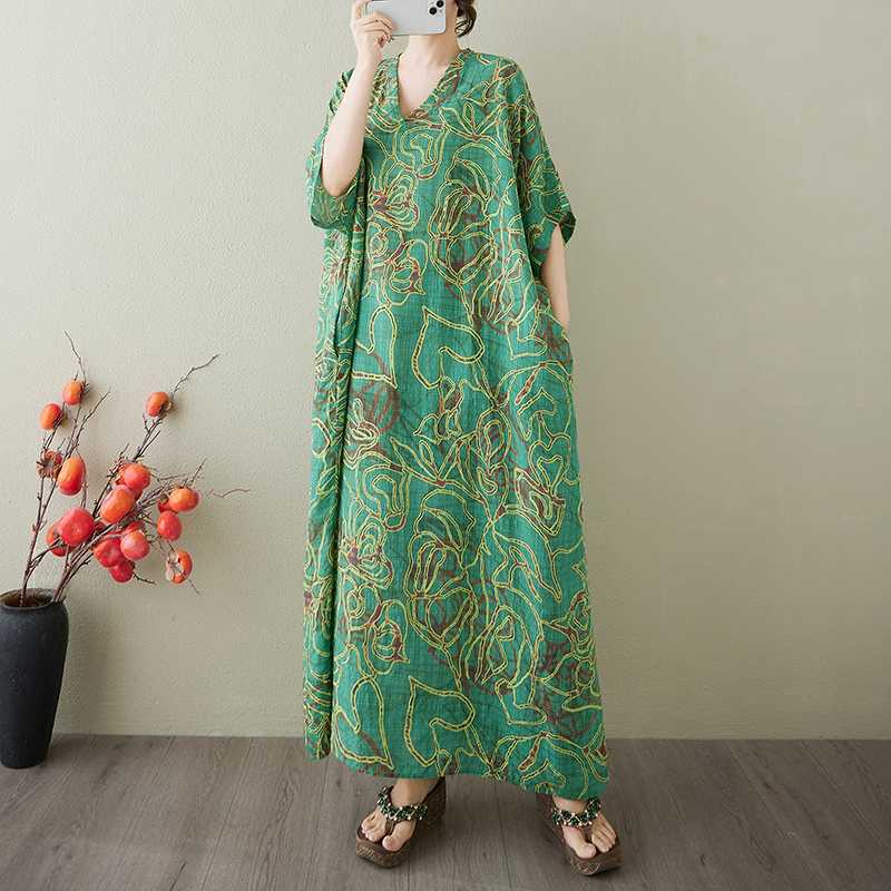 Vestido Largo Vintage para Mujer con Estampados de Algodón y Lino