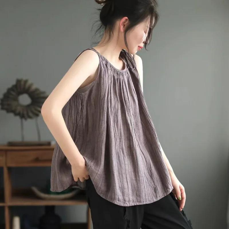 

Fashion Solid Thin Cotton Linen Tanks Top Women Camis Blusas Loose Casual Summer Sleeveless Shirt Woman Clothes Camiseta Mujer XS фіолетовий
