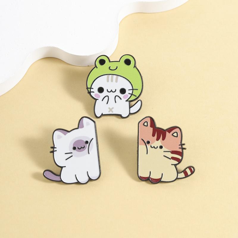 Cozy Chonky Cat Enamel Pins Set Cartoon Cat Brooches Frog Hat Tabby Cat Lapel Badges Jewelry Accessories Gifts For Girls