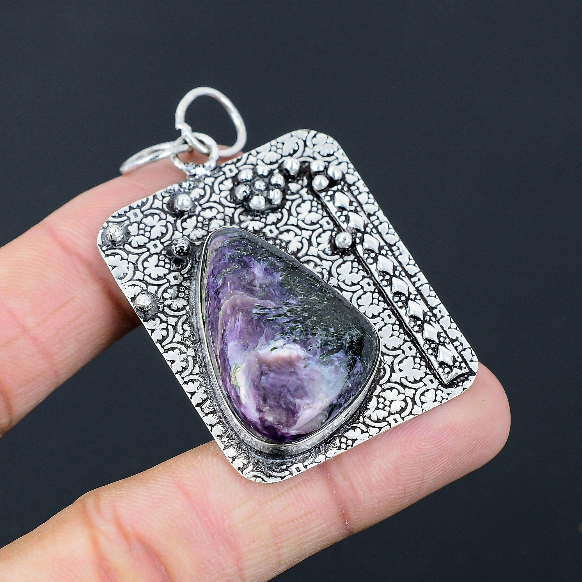 

Sisters Day Deal Trillion Charoite Gemstone 925 Sterling Silver Art Deco Pendant