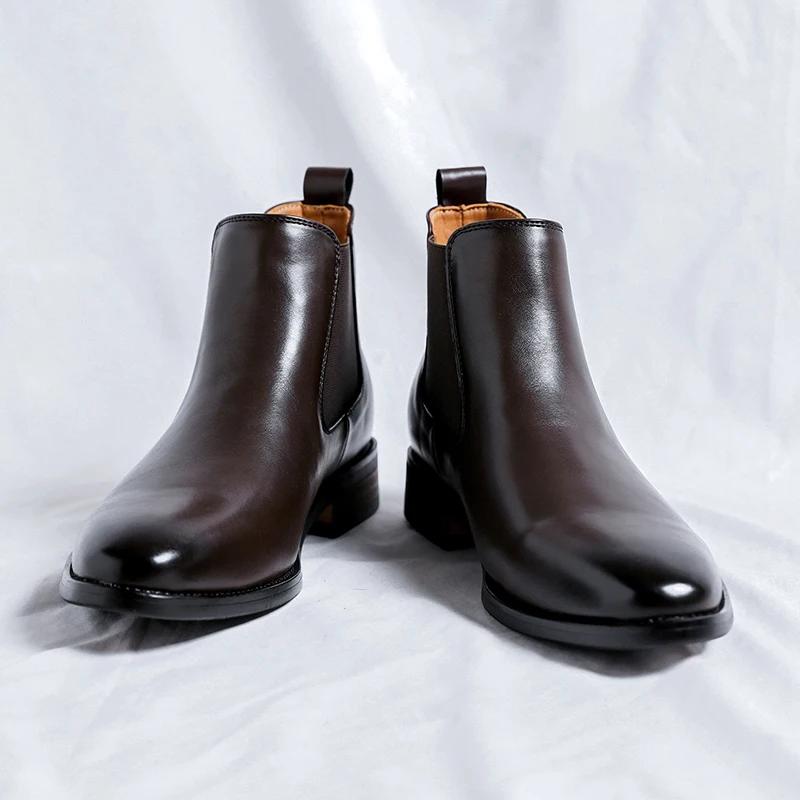 Fashion Mens British Style Autumn Casual Leather Chelsea Business Boot Brown Men Designer Antiskid Dress Ankle Boot Outdoor Oxford Shoes