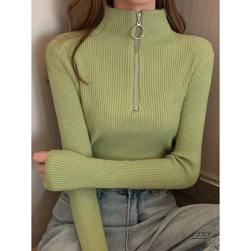 Women Fashion Solid Knitted Sweaters Vintage Long Sleeve Zip-up Basic Half Turtleneck Sweater Female Pullovers Chic Casual Tops