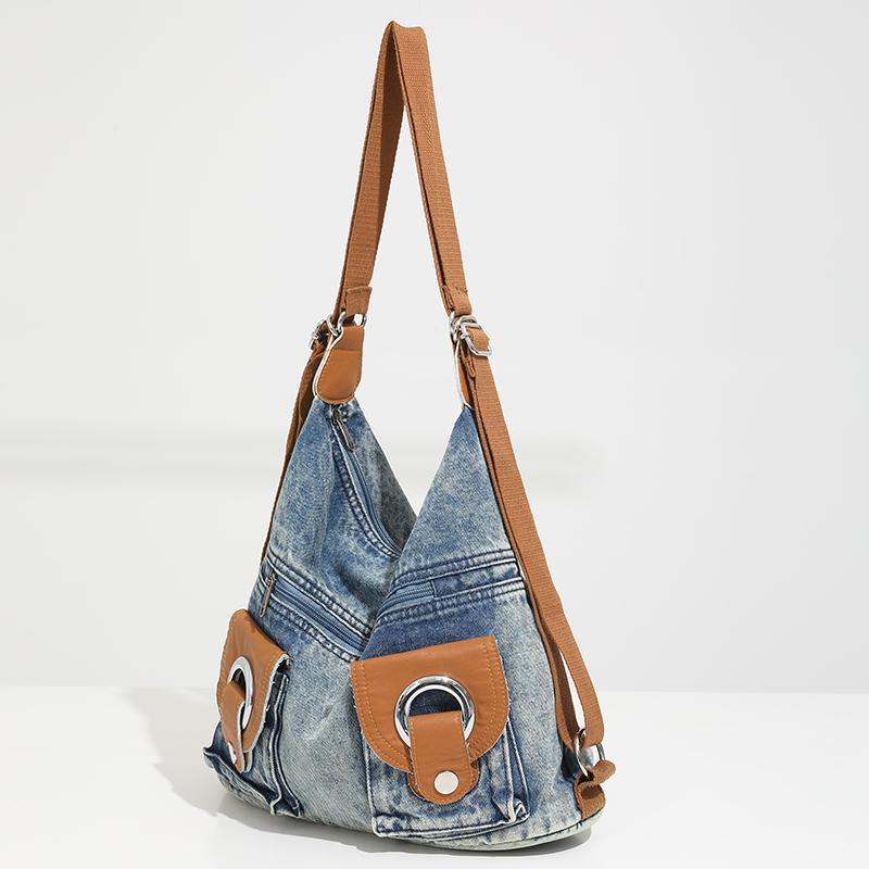 Women's shoulder and crossbody denim bags versatile zipper large capacity backpack bag