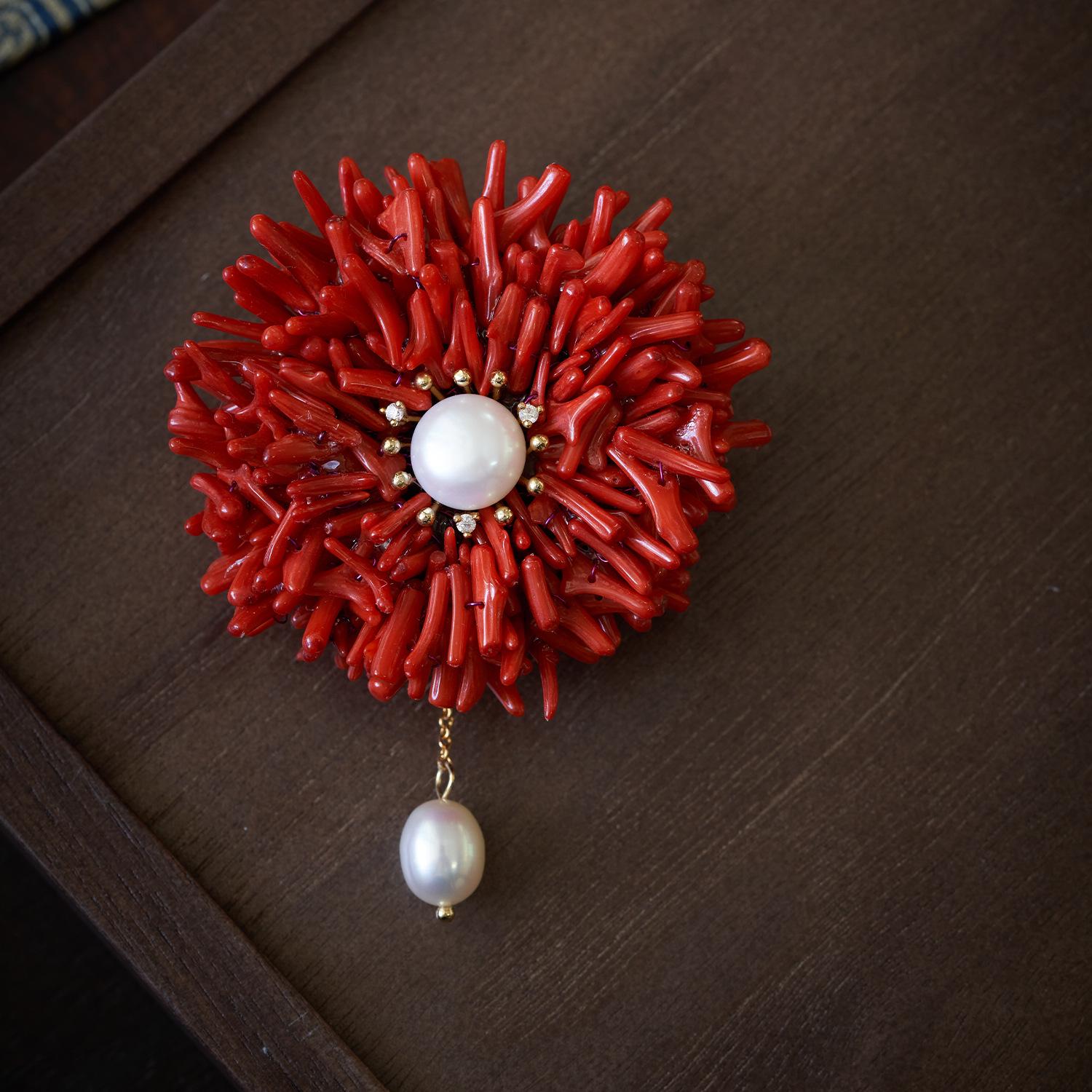 Red Festive Freshwater Pearl Floral Brooch & Pendant Dual-Use Design