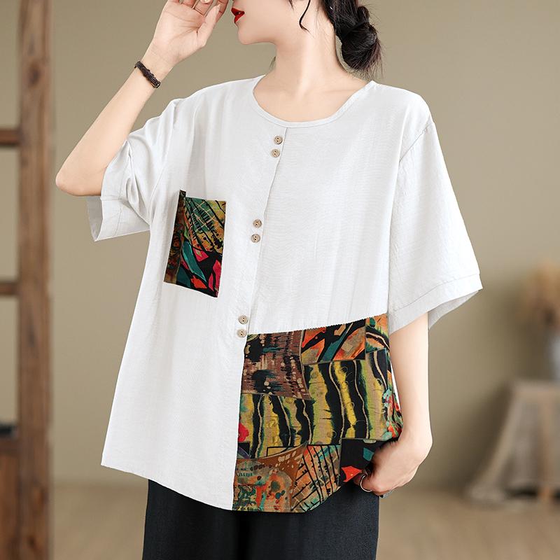 

DIMANAF 2024 летние женские футболки больших размеров с коротким рукавом, винтажные женские топы, свободные повседневные хлопково-льняные рубашки 2XL белый