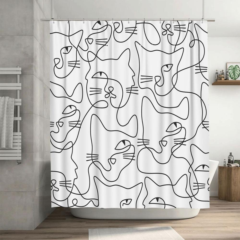 Black Line Cat Shower Curtain Waterproof Bathroom Decoration Modern Print 180X243Cm