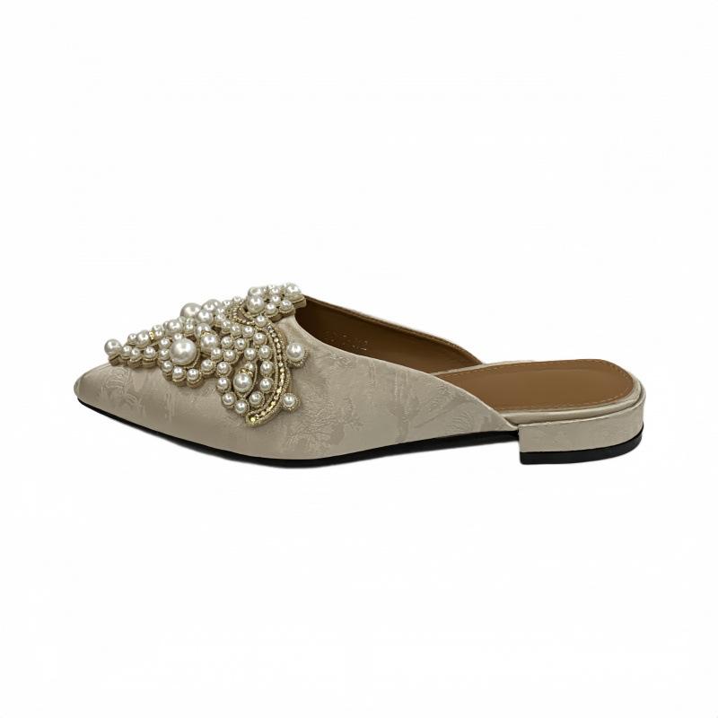 Fashion Pointed Toe Mules For Women 2025 Glitter Slides Shoes Female Slippers Low Jelly New Flat Cover PU Fabric Crystal Hoof Heels Rubb