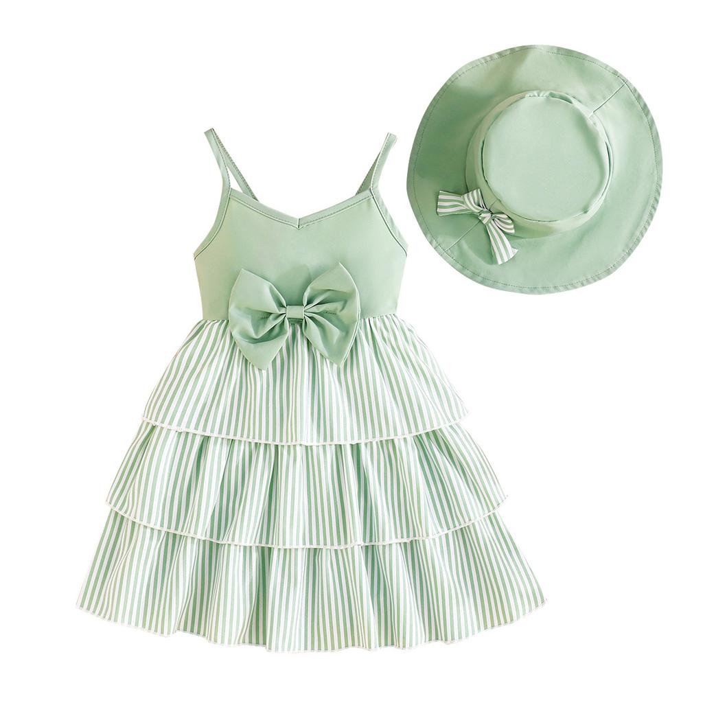 Mädchen Niedliches Gestreiftes Muster Neckholder Kuchenkleid + Hut Sommer Kindermode Prinzessinnenkleid