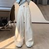 Damen High Waist Wide Leg Cargo Jeans Lockerer Schnitt Vintage Waschung Non Stretch Sand Weiß Denim Hose