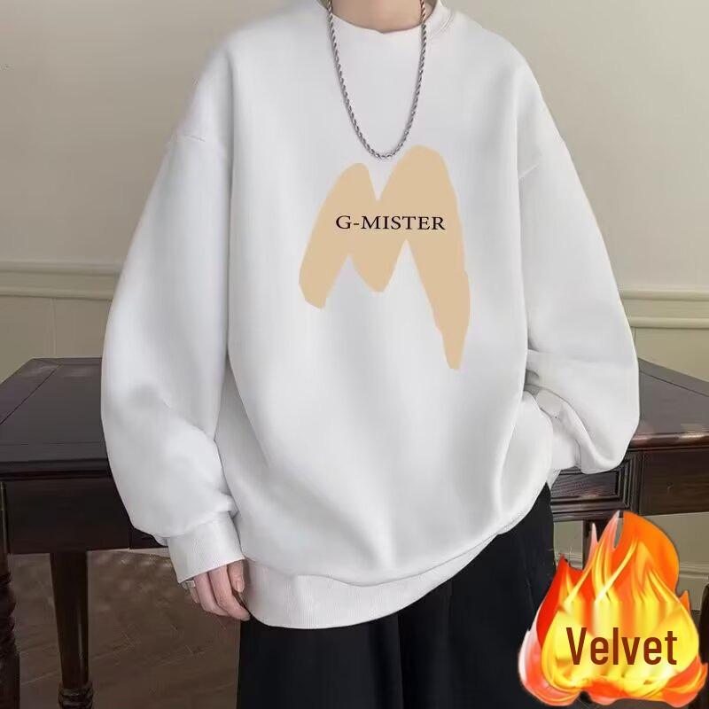 

Men s Trendy Plus Velvet Warm Hoodie - Autumn/Winter Casual Round Neck Pullover with Printed Design 3XL білий