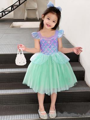 Mädchen Pailletten-Mesh Spaghetti-Träger Kleid - Sommer Meerjungfrau Prinzessin Kostüm