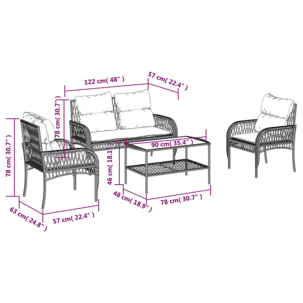 4 Piece Garden Sofa Set with Cushions Brown Poly Rattan
