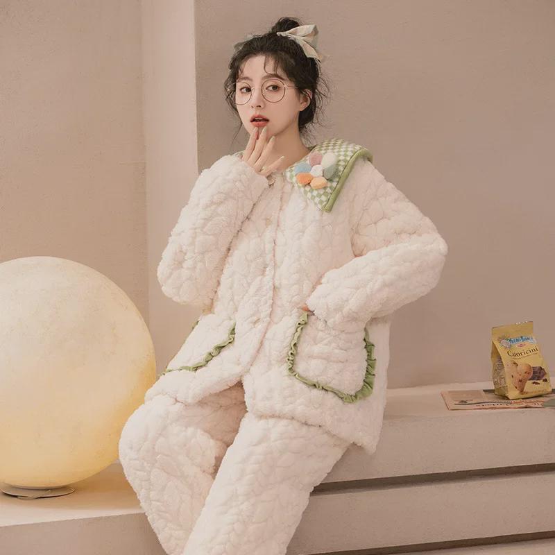 Women's Winter Pajama Set - Three-Layer Quilted, Thick Velvety Coral Fleece, Warm & Cute Bear Design