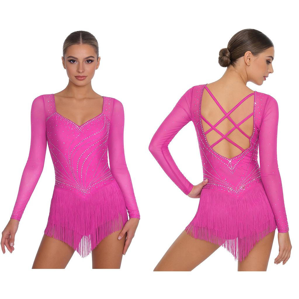 All-in-One Performance Jumpsuit for Women S-XXL: Perfect for Tango, Rumba & Figure Skating with Mesh Sleeves & Open Back