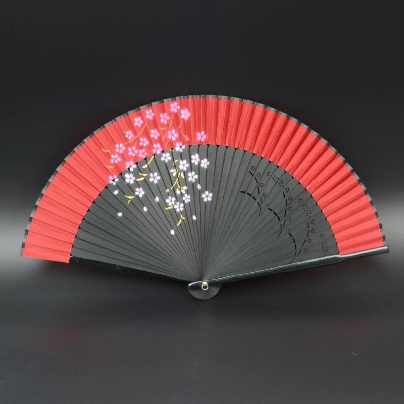 Mengyilian Chinese Style Cherry Blossom Fan Black Cheongsam Han Dynasty Archaic Folding Fan Dance Bamboo Foldable Japanese Style Chinese Folding Fan