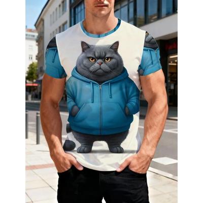 Summer Plus Men's Casual T-shirt Fashionable Blue Cat 3D Printed Sports Short Sleeved Round Neck Tops