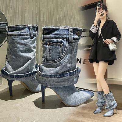 2024 Foreign Trade Autumn and Winter New Pointed High-heeled Fashion Boots Washed Denim Short Tube Pleated Trousers High Heels