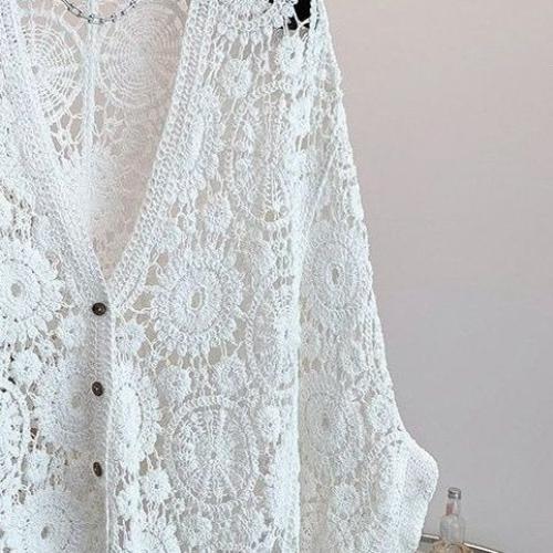 Bohemian Women's Crochet Hollow-out Knitted Cardigan Top Loose Batwing Short-sleeve Cardigan