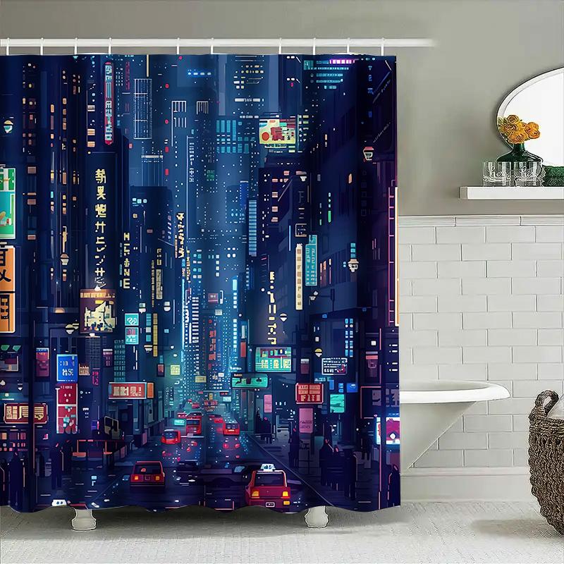 Tenda da Doccia Cyberpunk Cityscape Vita Notturna Urbana Decorazioni Bagno Insegne al Neon Architettura Futuristica Atmosfera Sci-Fi Eleva lo Spazio