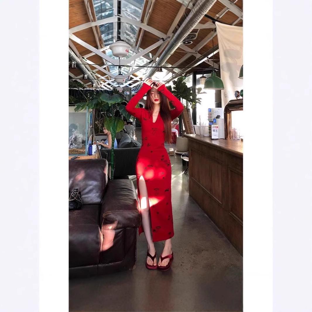 

Сексуальное облегающее красное платье с V-образным вырезом и длинными рукавами для женщин - Осенняя коллекция M красный