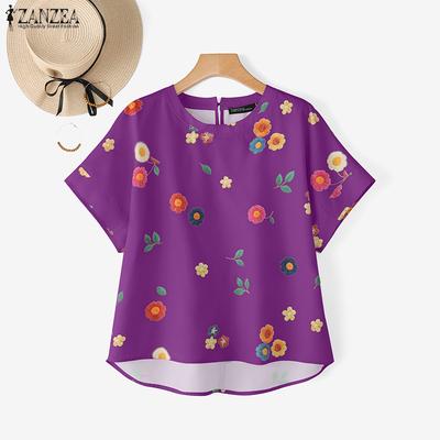 Women Casual Round Neck Floral Print Summer Short Sleeve Blouse