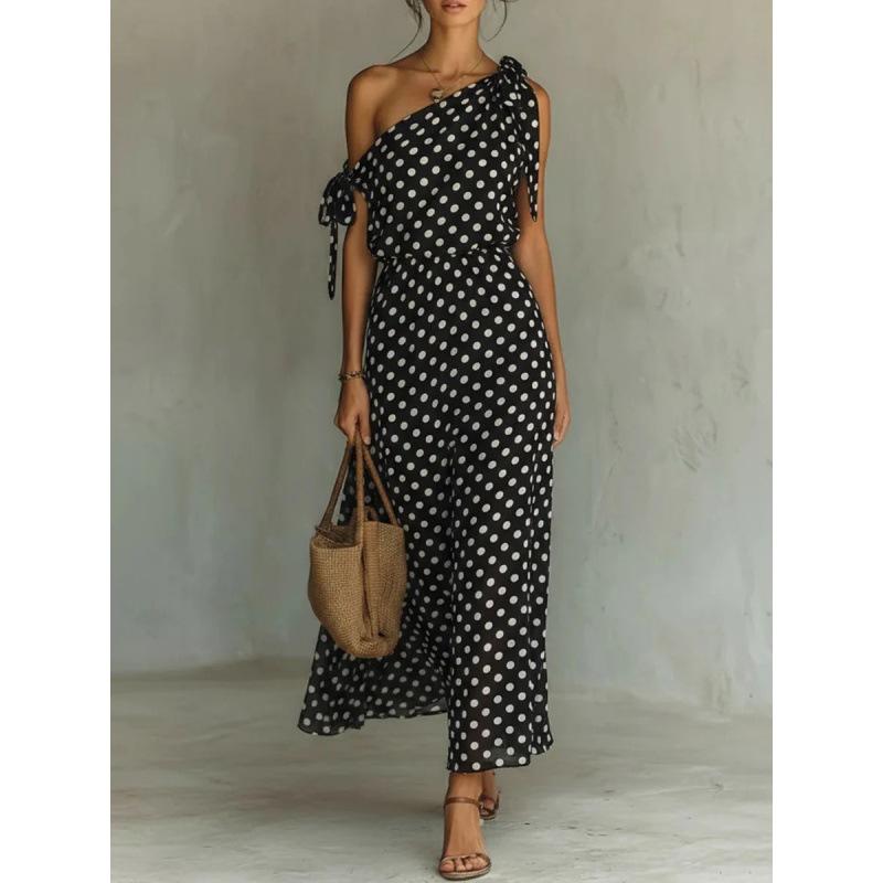 Hot Sale Spring and Summer Fashion Versatile Printed Polka Dot Off Shoulder Shoulder Dress Women s Dress S чёрный