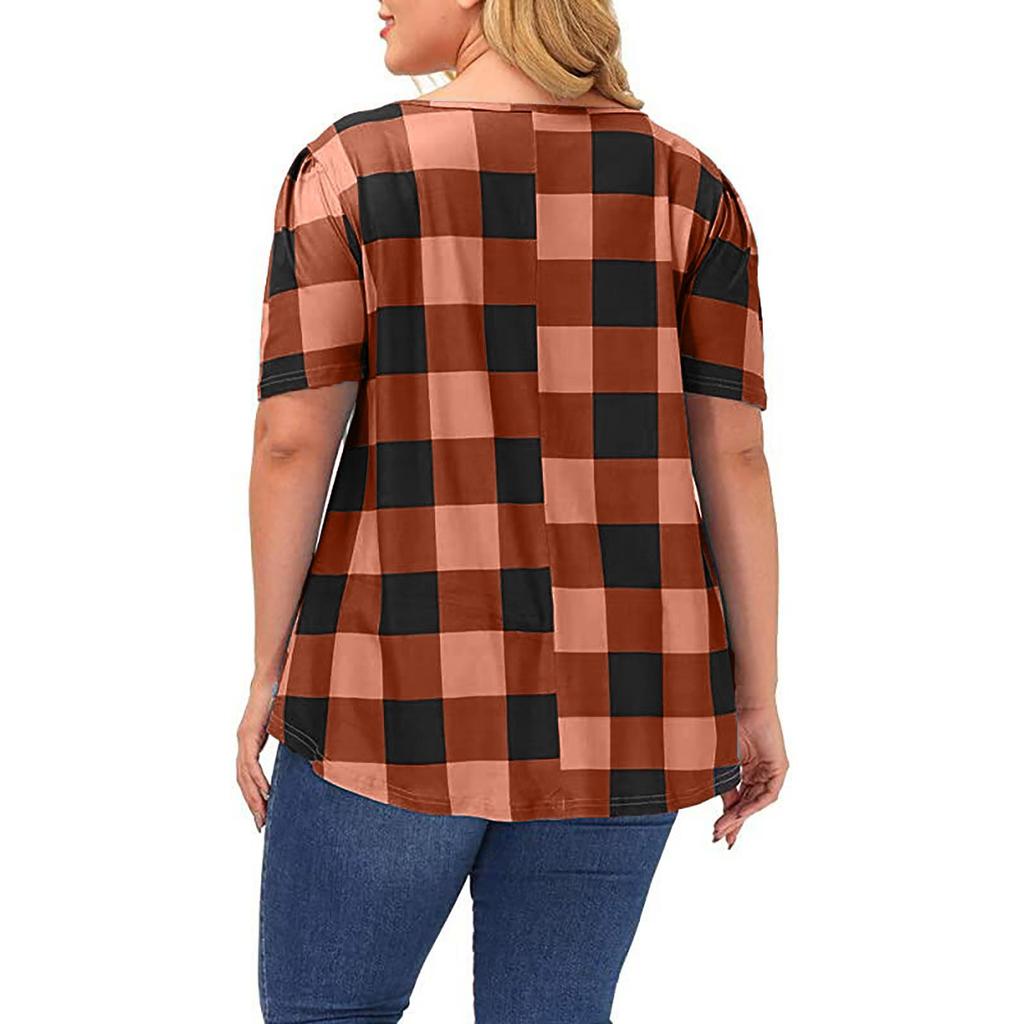 Summer Women's Short Sleeve Blouse Round Neck Loose Plaid Printed Shirt Top