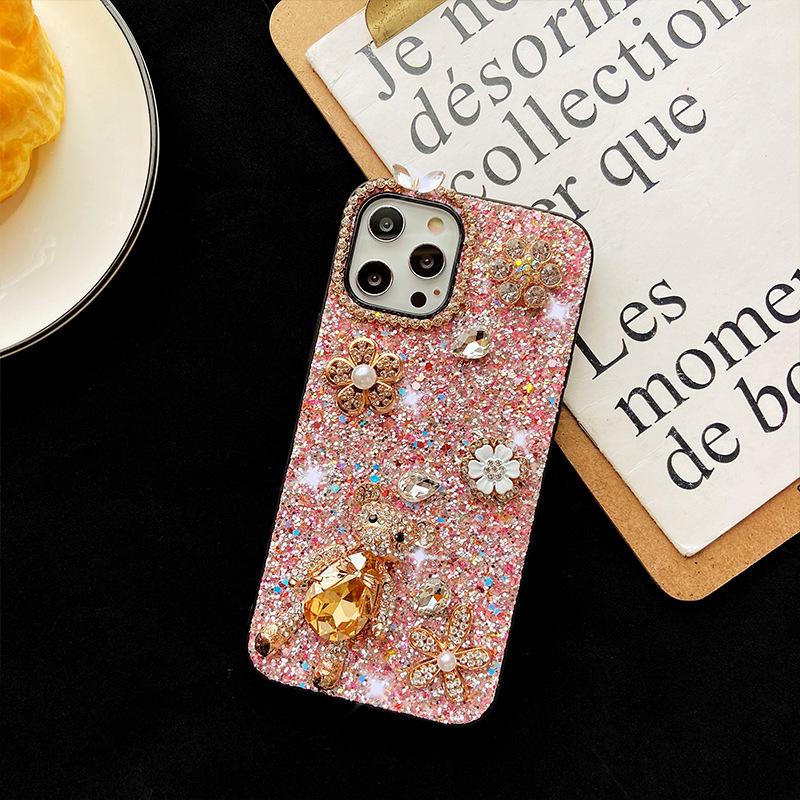 Apple 16Promax Mobile Phone Case Is Suitable For Apple 17 Glitter 14Plus Bear 13Pro Rhinestone Woman