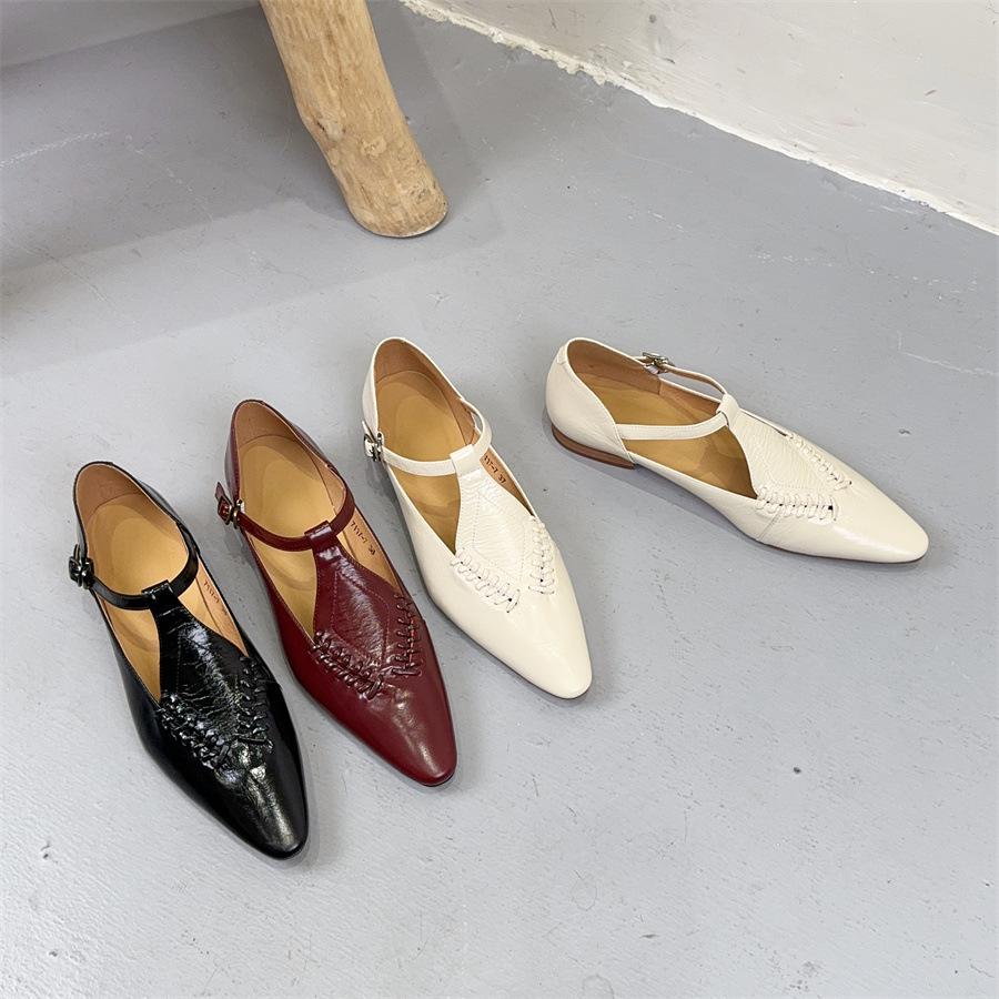 Johnature Genuine Leather Buckle Strap Women's Shoes French Style Versatile Temperament Pointed Flat Shoes