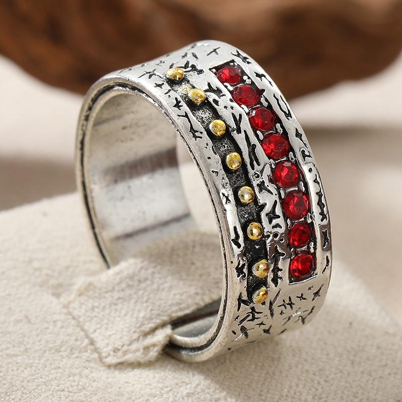 Vintage Inlaid Red CZ Women's Ring Ethnic Two Color Geometry Daily Wear Party Jewelry Anniversary Gift