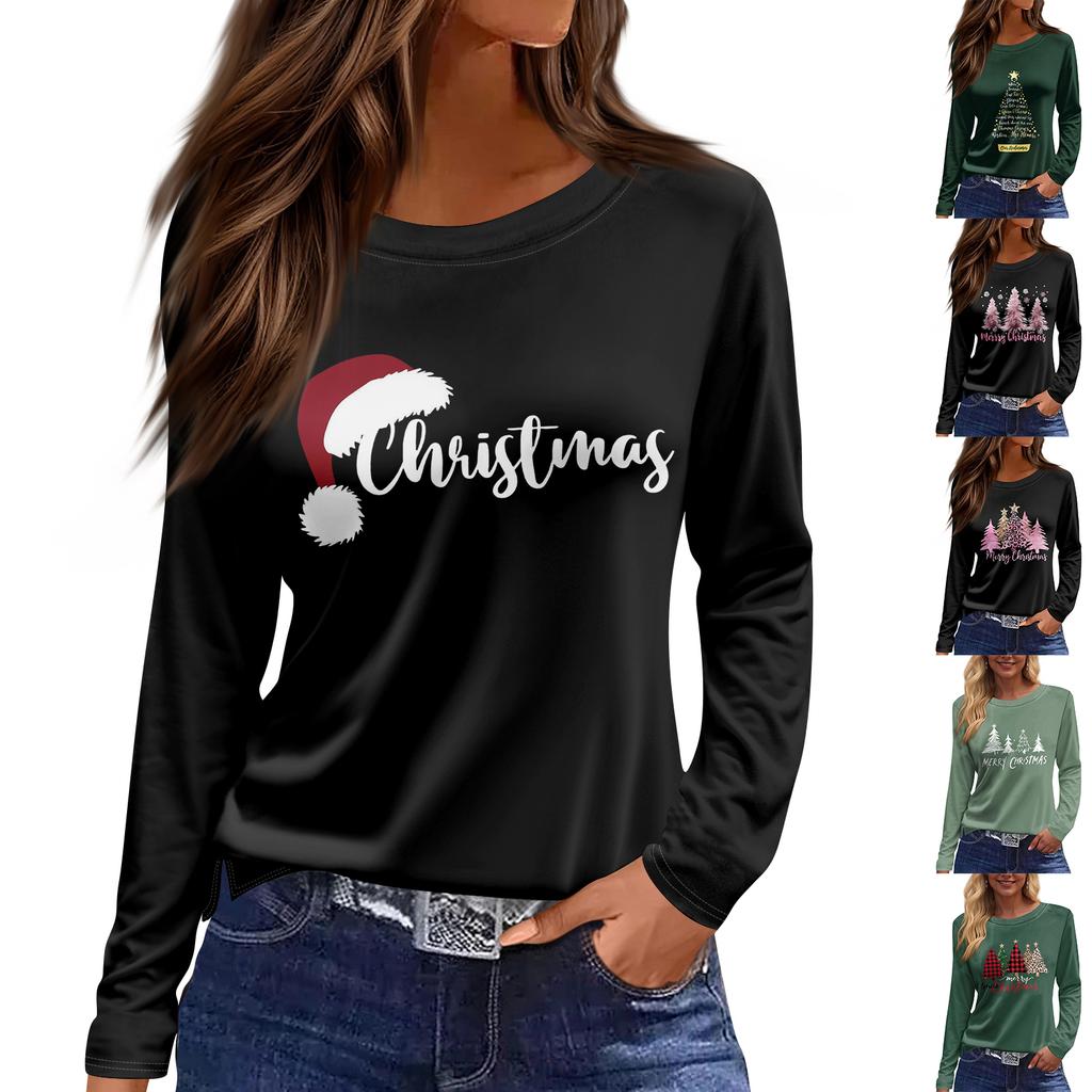 Women's Fashion Casual Slit Hem Round Neck Long Sleeve Loose Printed T-Shirt Ladies Top